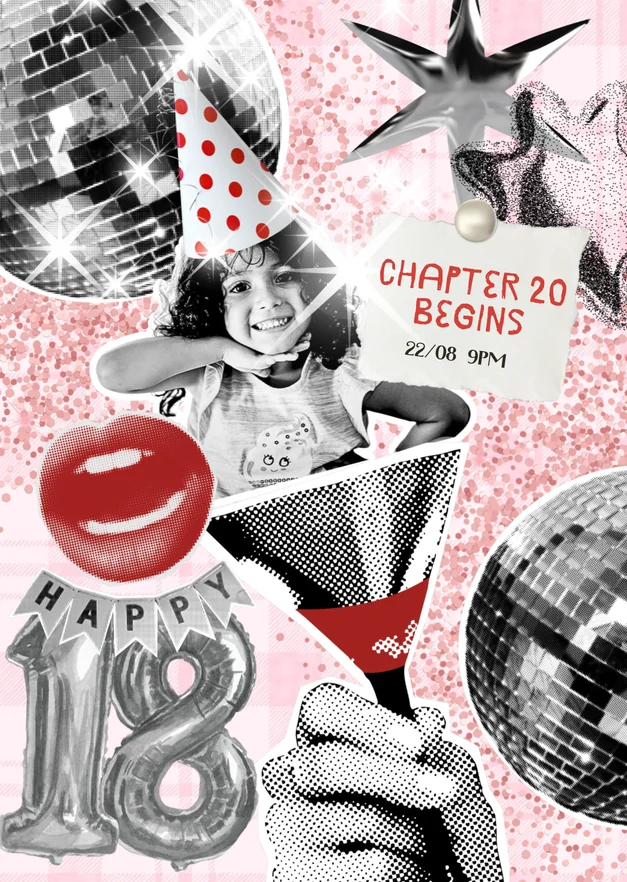 Pink birthday collage, Chapter 20 Begins, 22/08 9PM, Happy 18