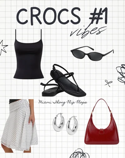 Crocs number 1 vibes outfit moodboard, Miami thong flip flops with a black top and red bag