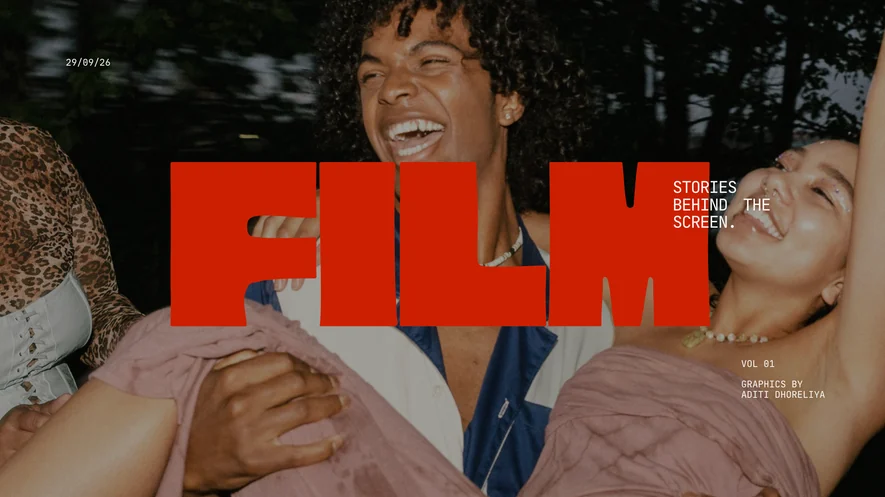 Film poster, red FILM lettering and Stories Behind the Scene over a cinematic photo collage