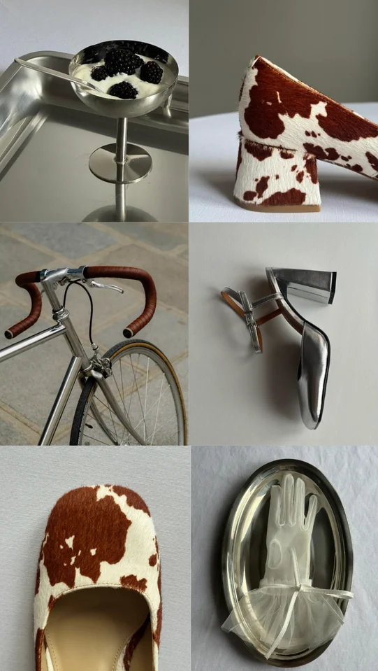 Furniture moodboard, sculptural chairs, chrome furnishings and brown and white upholstery