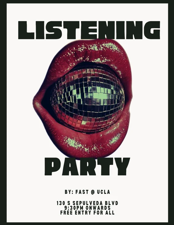 Listening Party poster with glitter lips holding a disco ball