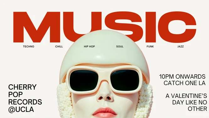 Music poster, sunglasses and red headphones, Cherry Pop Records at UCLA, a Valentine’s Day like no other
