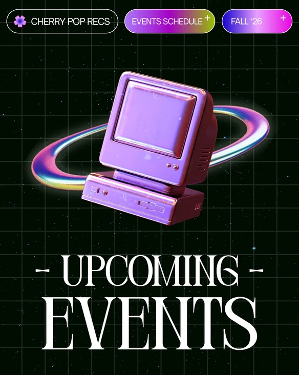 Upcoming Events, purple retro computer on a green grid